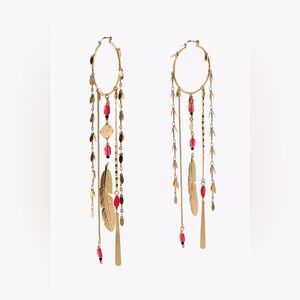 Golden and Red Feather Dangle Earrings